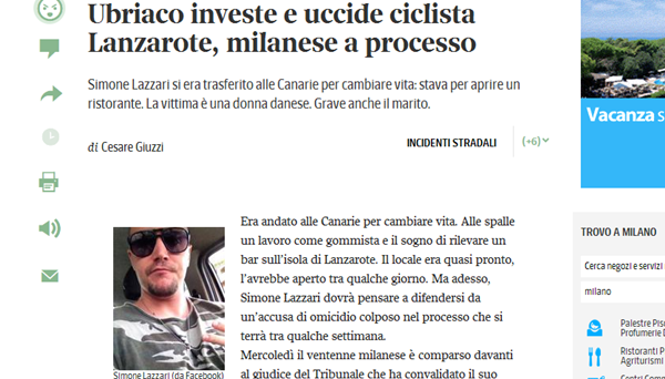 La prensa italiana se hace eco de la imputación de un conductor milanés por el atropello mortal en Tinajo