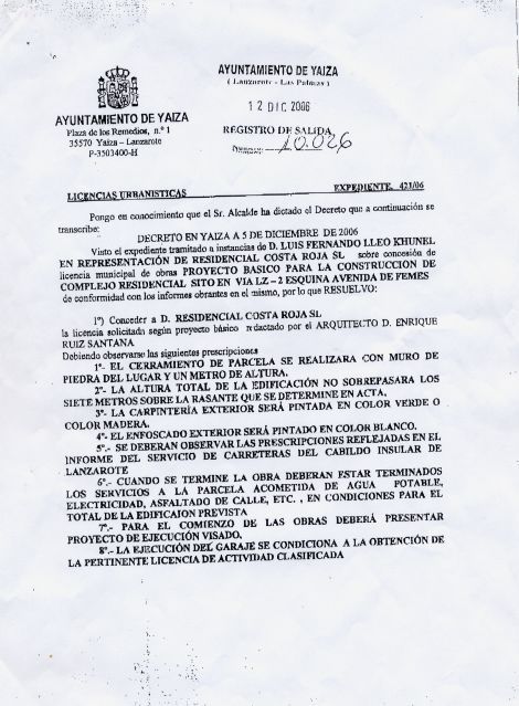 LICENCIA OTORGADA POR EL AYUNTAMIENTO DE YAIZA A RESIDENCIAL COSTA ROJA S.L.