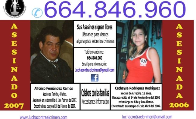Las familias de Alfonso Fernández y Cathaysa Rodríguez colocan carteles con sus fotografías para encontrar pistas sobre sus crímenes