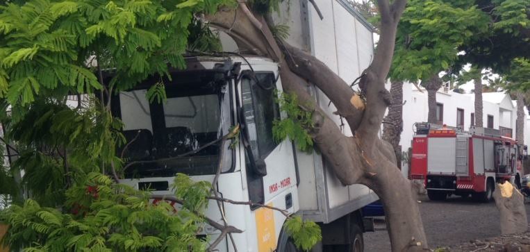 Un camión choca contra un árbol y queda atrapado en Playa Blanca
