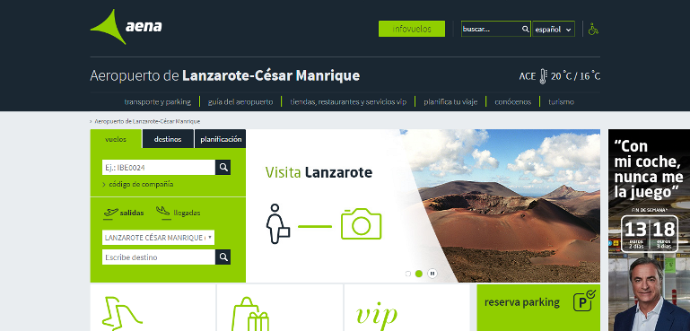La web de Aena recoge ya el nuevo nombre del aeropuerto de la isla,  Lanzarote- César Manrique