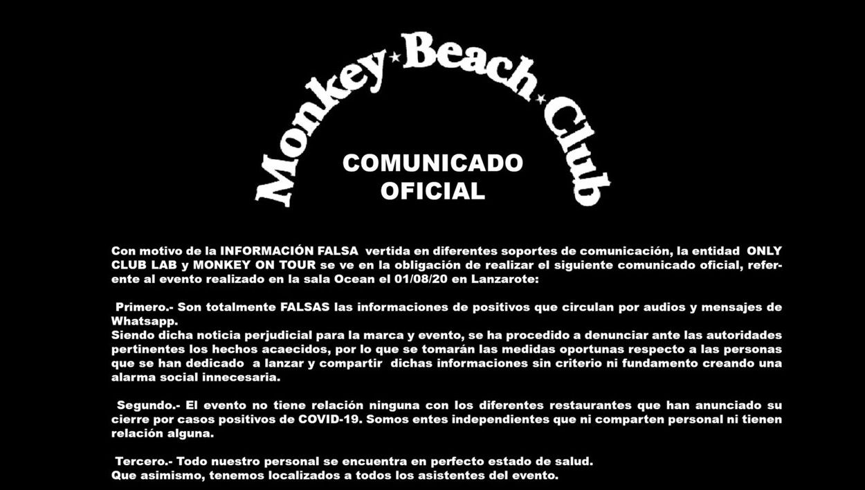 Imagen del comunicado de Monkey Beach Club