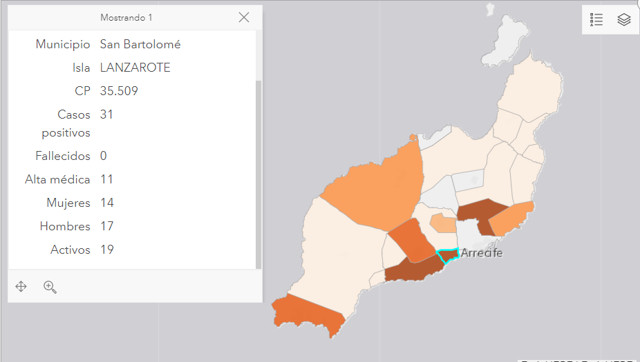 Mapa de casos activos de coronavirus por municipio de residencia y por código postal