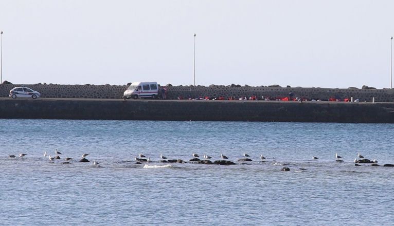 Dispositivo de asistencia a los inmigrantes llegados en patera en el muelle de la Cebolla