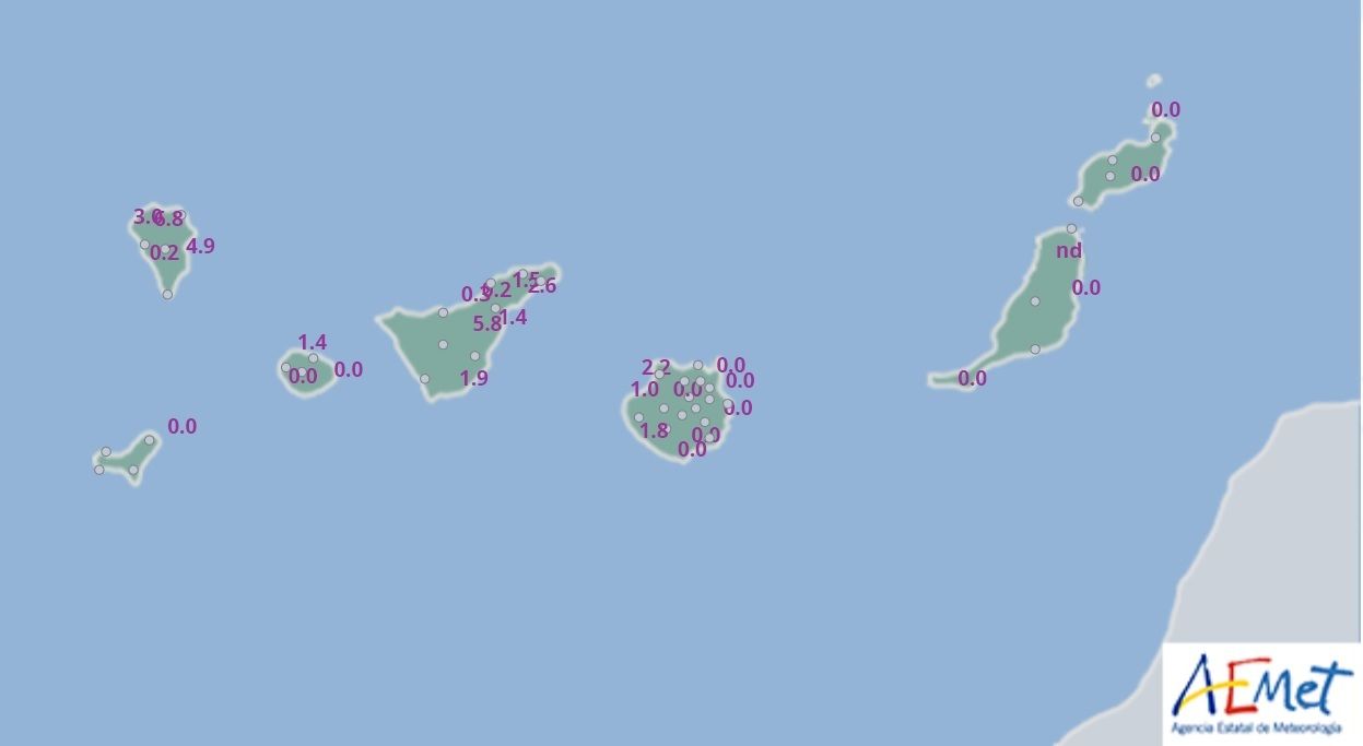 Imagen de la Aemet de las lluvias registradas en las últimas horas en Canarias