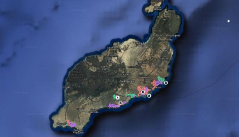 Mapa de Lanzarote, con las zonas donde se han detectado altas concentraciones de Covid marcadas en morado