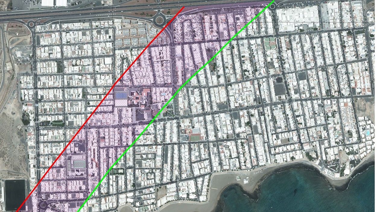 Viviendas afectadas según Aena en la franja roja y la afectadas según el Ayuntamiento en la franja verde