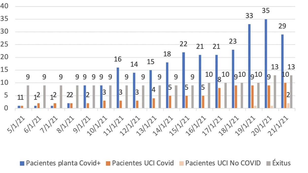 Gráfico que muestra la evolución de pacientes con Covid ingresados en el Hospital Molina Orosa