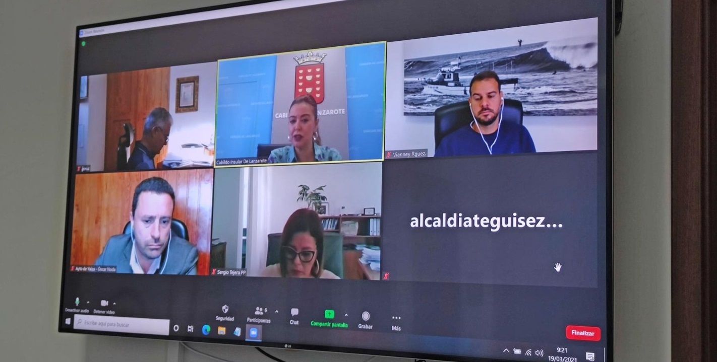Imagen de la reunión por videoconferencia entre el Cabildo y los ayuntamientos, en la que se ve a algunos de los ocho asistentes
