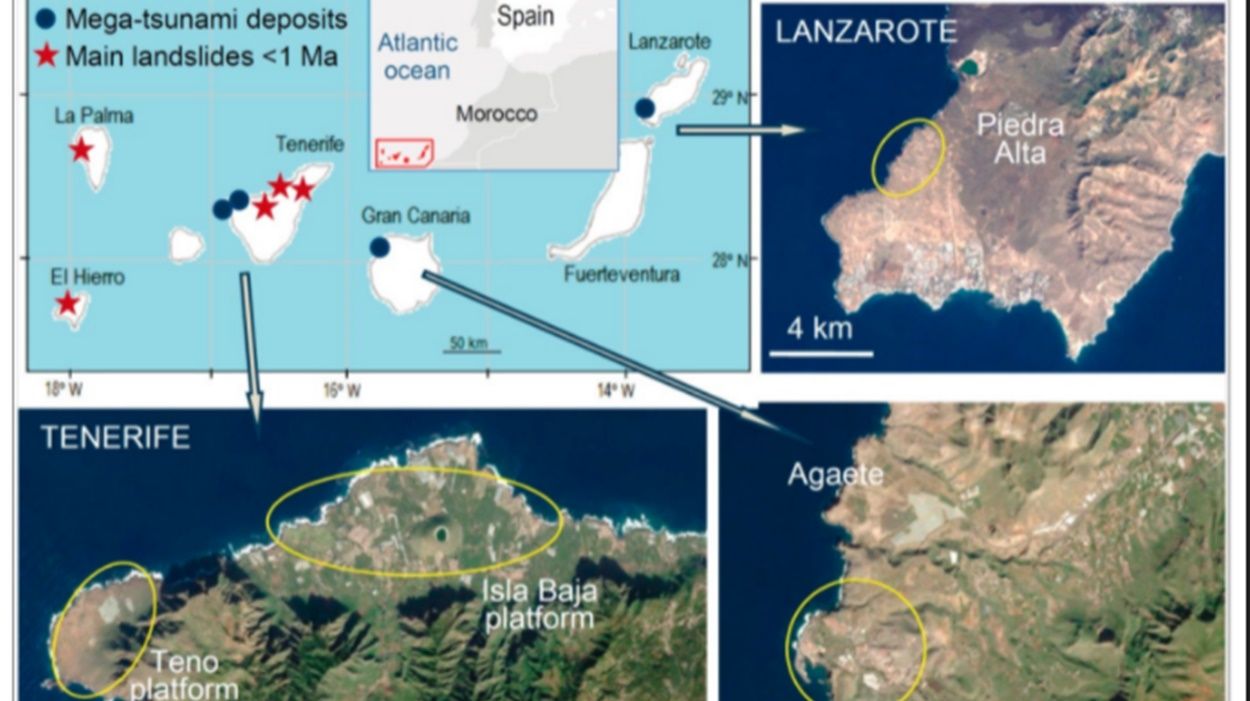 Location of tsunami deposits and major landslides