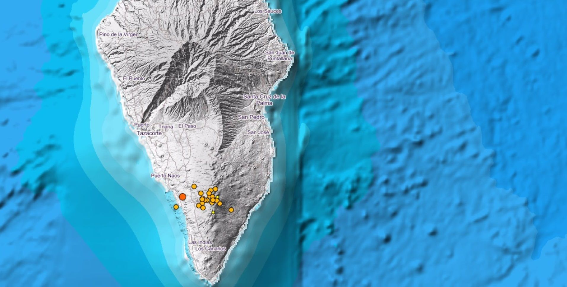 Mapa de los últimos seísmos en La Palma