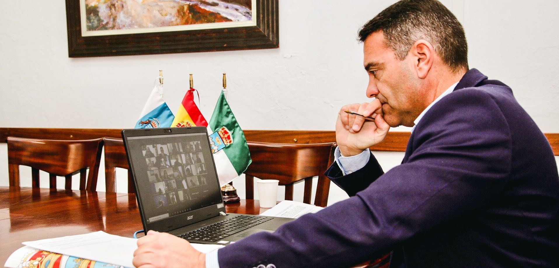 El alcalde de Teguise, Oswaldo Betancort, durante el Pleno telemático para aprobar los presupuestos