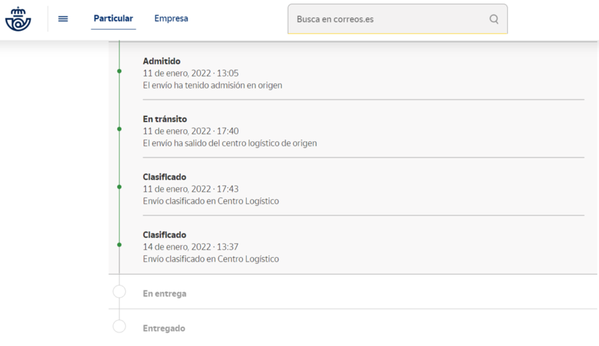 Ejemplo de envío admitido en Correos el 11 de Enero y retenido en su centro logístico
