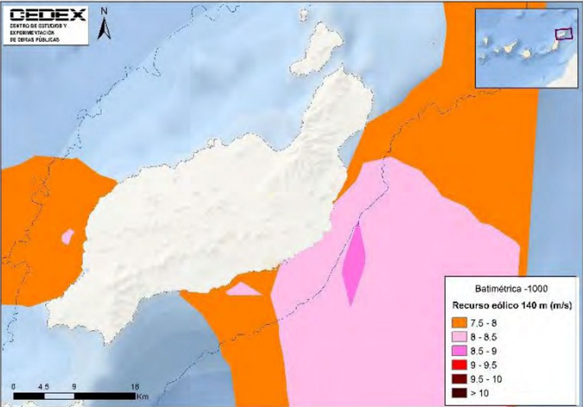 La costa este de Lanzarote, zona de interés del recurso eólico a 140 m de altura