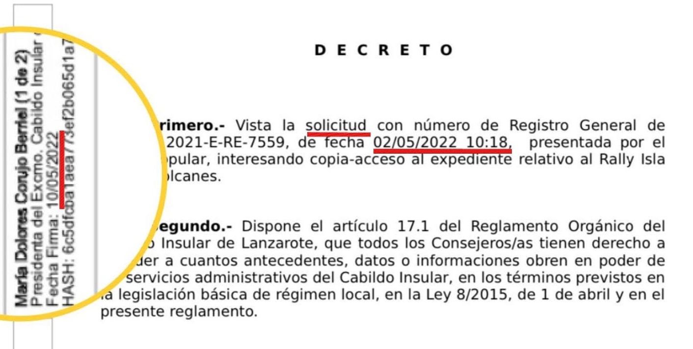 Decreto de la presidenta del Cabildo autorizando el acceso al expediente del rally