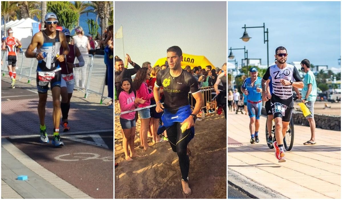 Borja González, Benjamín Perdomo y Domingo Vilavert, durante sus participaciones en el Ironman Lanzarote