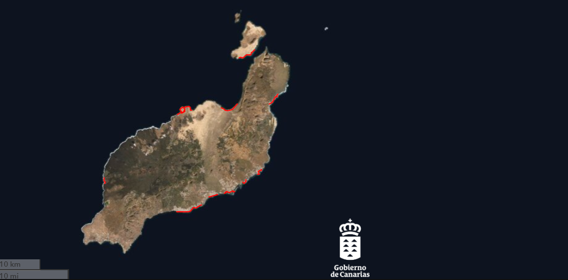 Mapa de Lanzarote con las zonas de costa amenazadas por el cambio climático