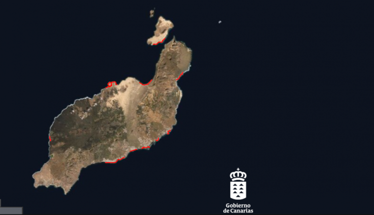 Mapa de Lanzarote con las zonas de costa amenazadas por el cambio climático