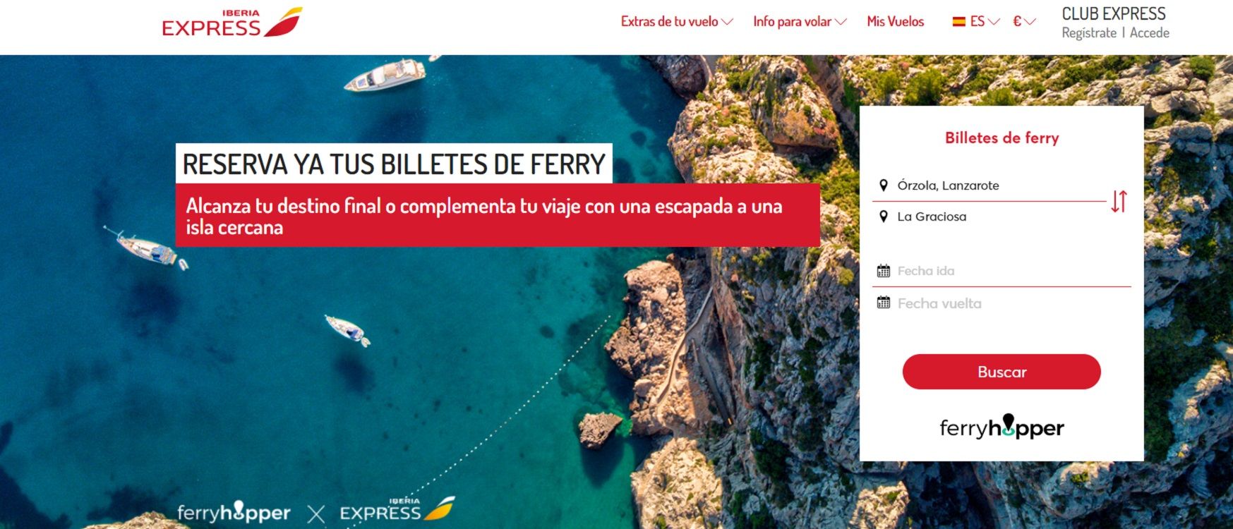 Página web de Iberia Express donde ya se puede reservar ferri y vuelo a la vez