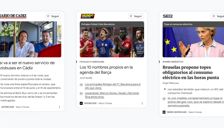 Ejemplos de paneles de Google News Showcase