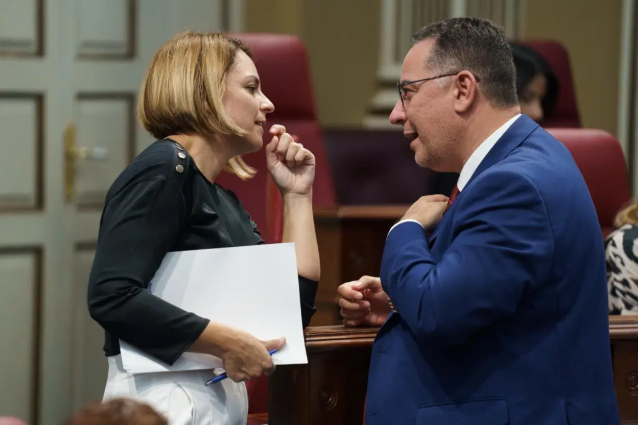 La consejera de Derechos Sociales, Igualdad, Diversidad y Juventud, Noemí Santana, habla con el diputado del PP Poli Suárez durante la segunda jornada del pleno del Parlamento de Canarias. EFE/Ramón de la Rocha