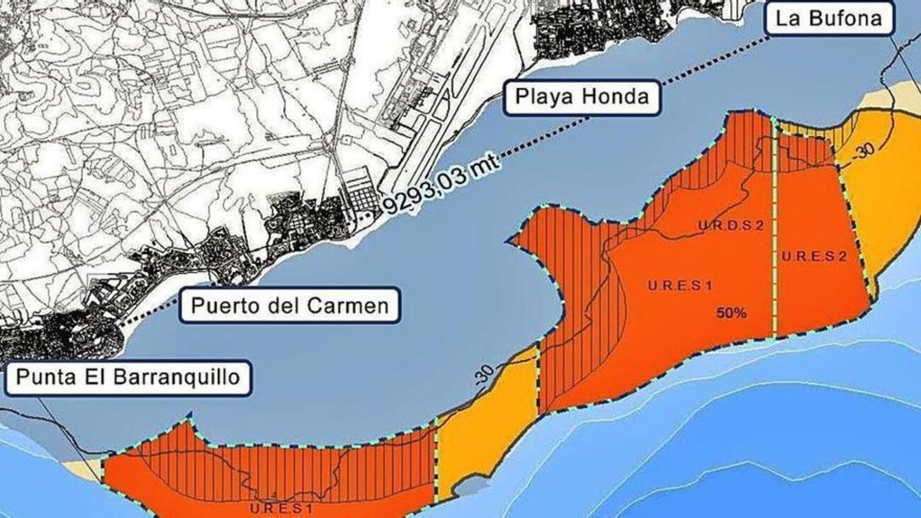 Zona prevista de instalación de jaulas de acuicultura frente a las costas de los municipios de Arrecife, San Bartolomé y Tías (FOTO: La Provincia)