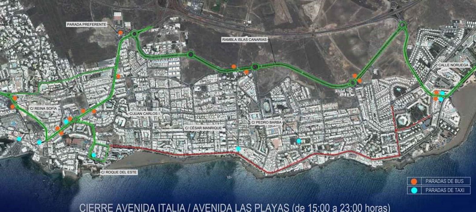 Mapa de los cortes de tráfico de Puerto del Carmen
