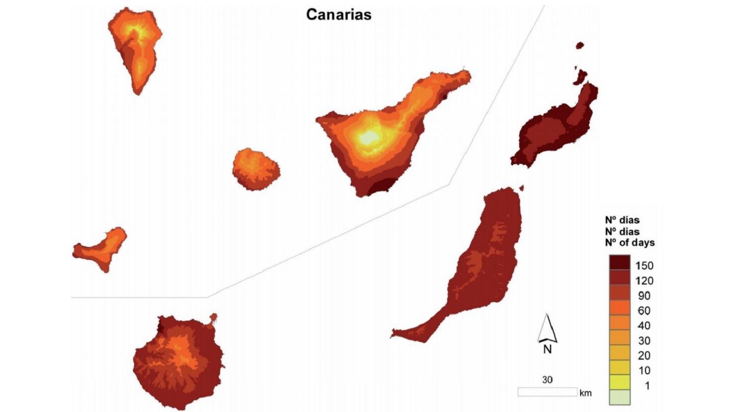 Mapa del borrador que señala en rojo oscuro las zonas con más de 150 días por encima de los 25 grados centígrados