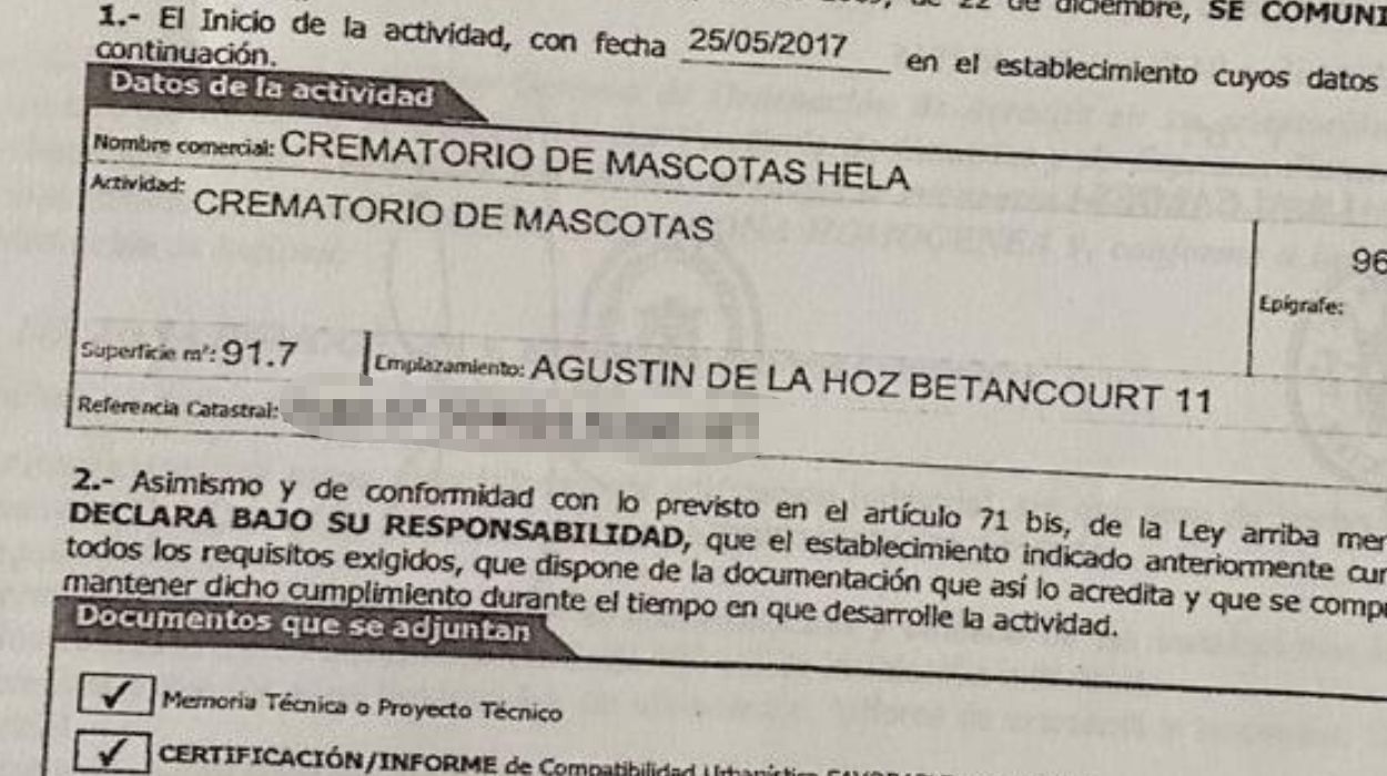 Declaración responsable del inicio de actividad del crematorio de animales Hela, localizado en Arrecife