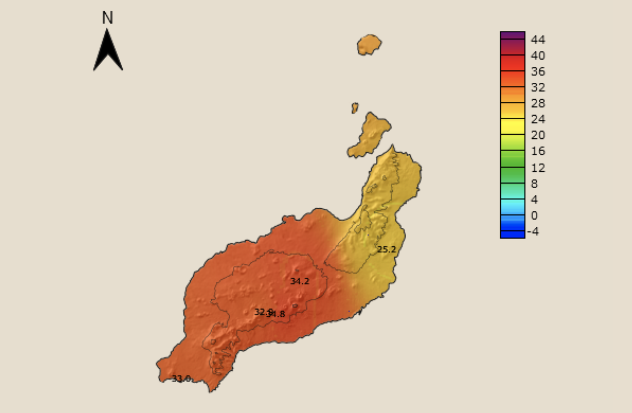 Mapa de la temperatura máxima registrada a las 15 horas de este jueves en Lanzarote