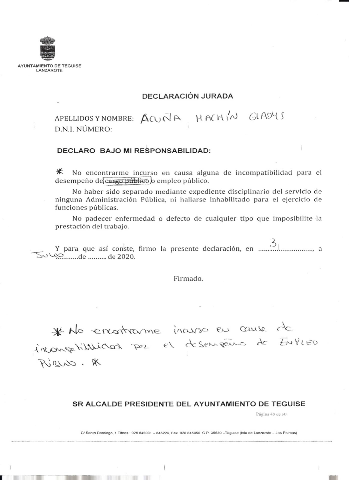 Teguise + Unido denuncia que el expediente de contratación de Gladys Acuña "es una chapuza" con "tachones a bolígrafo"