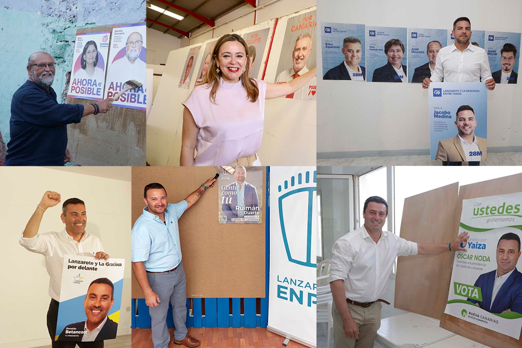 Seis de los ocho candidatos al Cabildo de Lanzarote durante la pega de carteles electorales