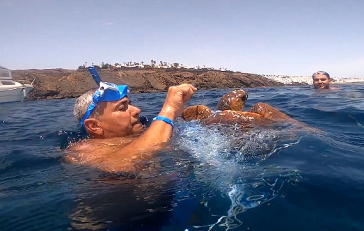 El bañista rescatando la tortuga boba en Lanzarote. Foto: Native Diving. 