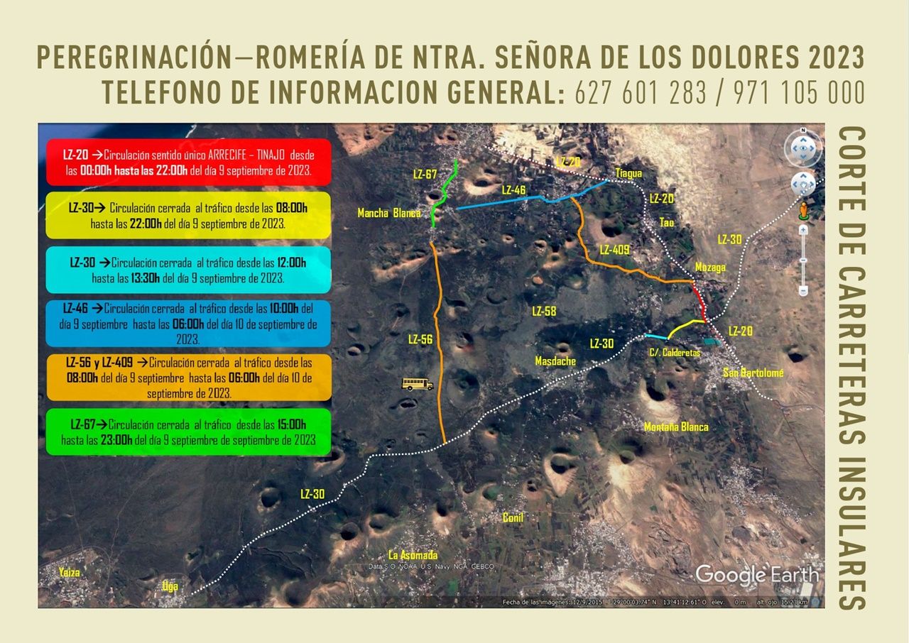 Mapa de Cortes de Carreteras por la romería de Los Dolores