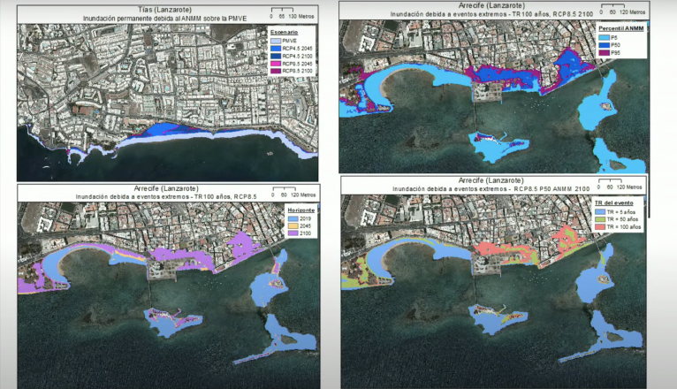 Mapas de los eventos extremos y posibles riesgos de inundación en Arrecife y Tías. Foto: Fundación César Manrique.