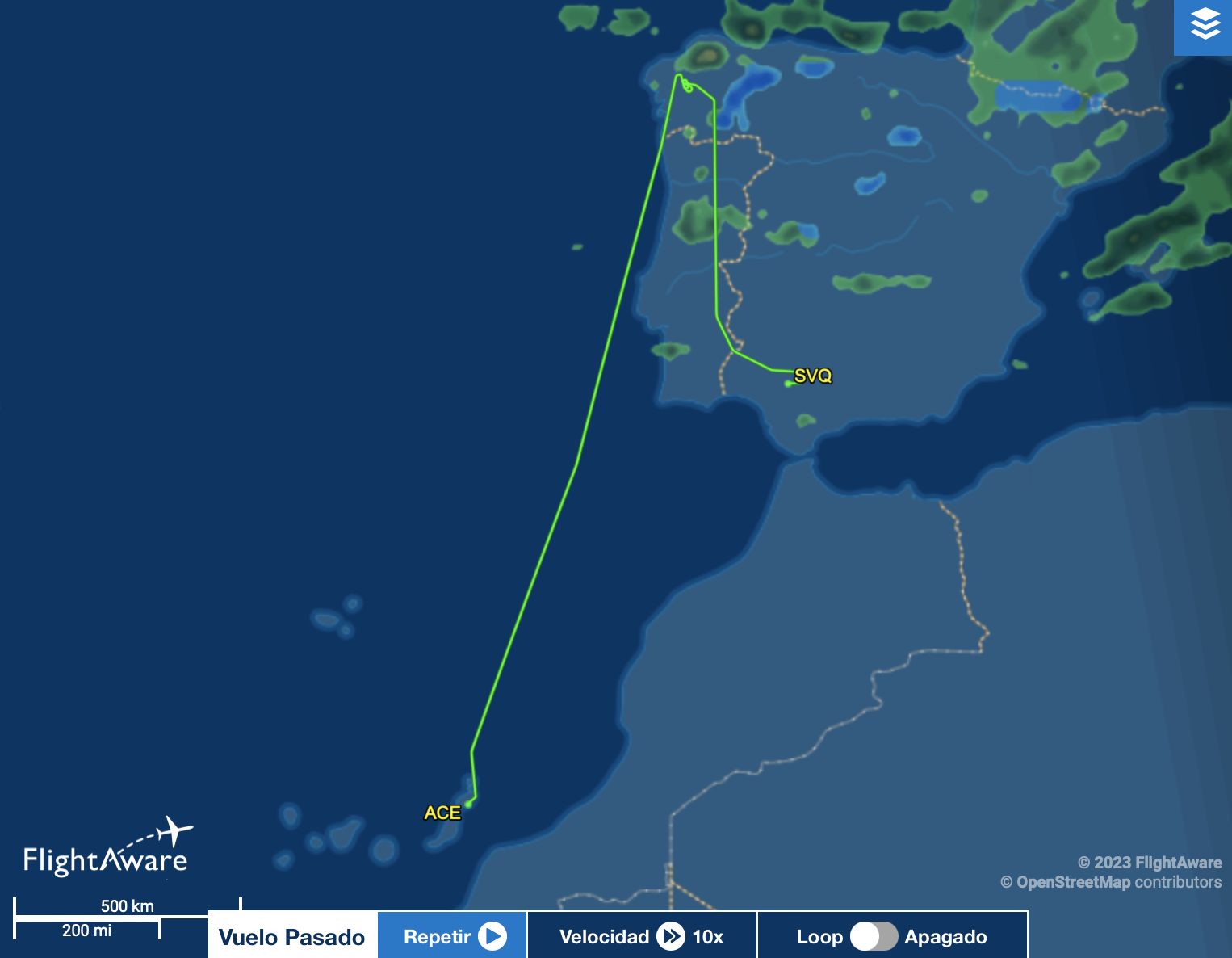 La ruta realizada por el avión de Ryanair que terminó aterrizando en Sevilla. Foto: FlightAware.