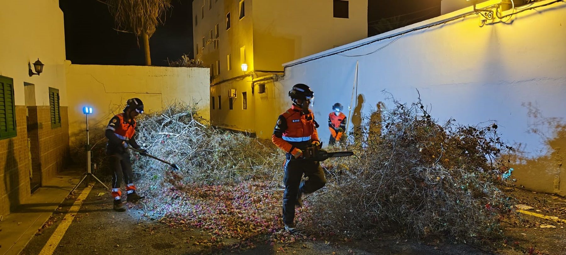 Los bomberos desbrozando la buganvilla