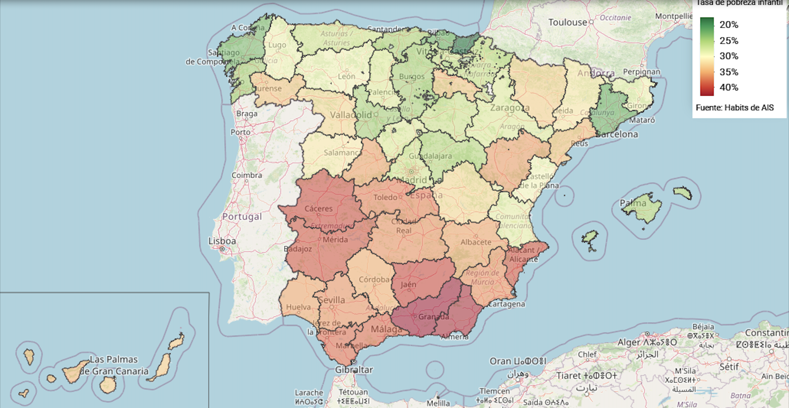 Mapa de distribución de la pobreza en los hogares españoles.