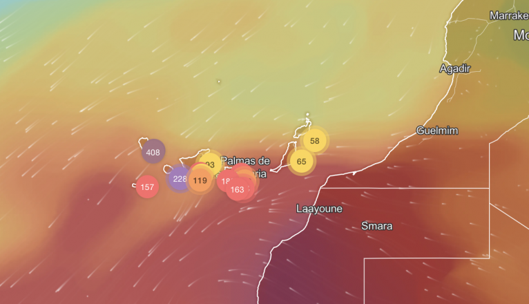 Calidad del aire durante la tarde de este miércoles en Canarias. Foto: IQAir. 