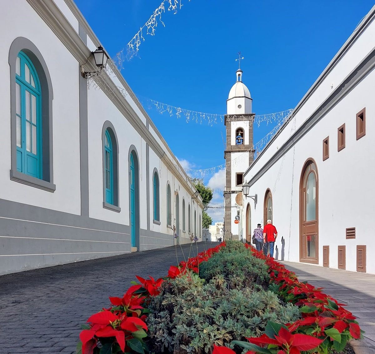 Flores de Pascua en el entorno de la iglesia patronal de Arrecife