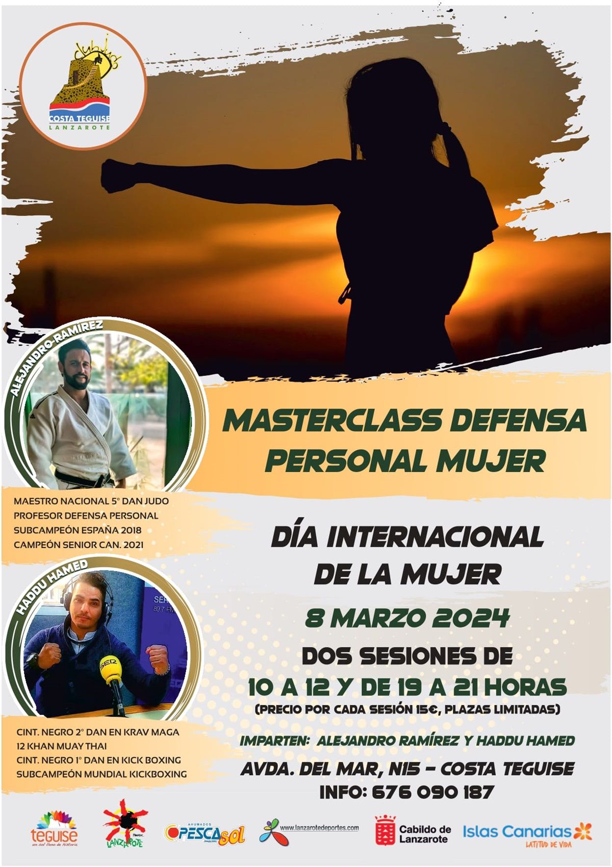 Cartel del masterclass defensa mujer en Costa Teguise