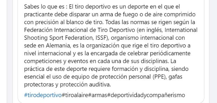 Post en Facebook del negocio de tiro deportivo