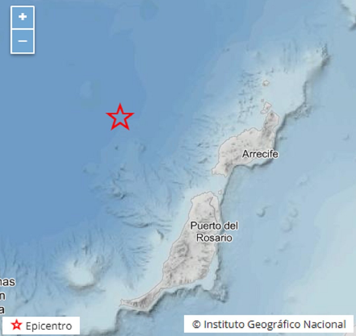 Epicentro del terremoto sufrido entre Lanzarote y Fuerteventura. Foto: Instituto Geográfico Nacional.