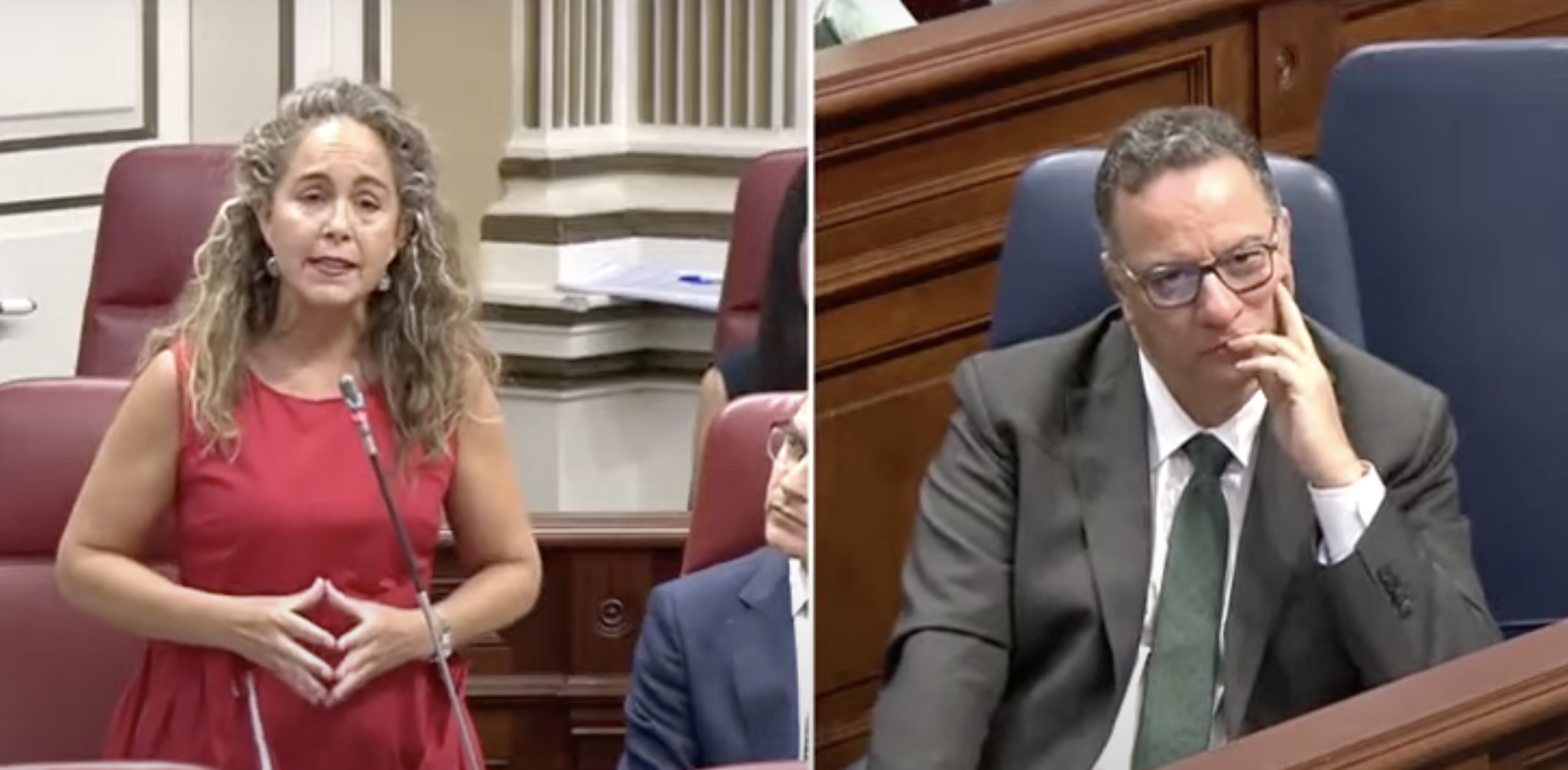 Paula Jover (VOX) y Poli Suárez (PP) en un momento del pleno. Foto: Parlamento de Canarias.
