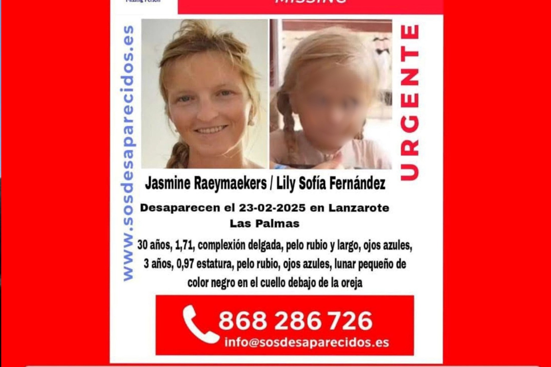 Piden colaboración para localizar a Jasmine Raeymaekers y su hija, desaparecidas en Lanzarote