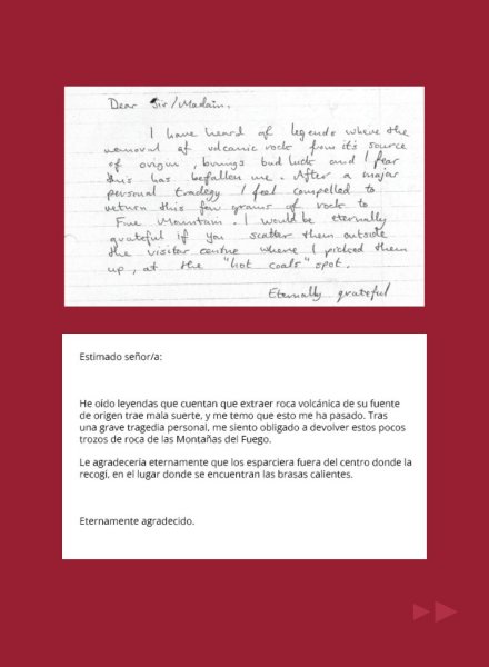 Carta manuscrita por el turista y traducción. Foto: Parque Nacional de Timanfaya. Carta manuscrita por el turista y traducción. Foto: Parque Nacional de Timanfaya.