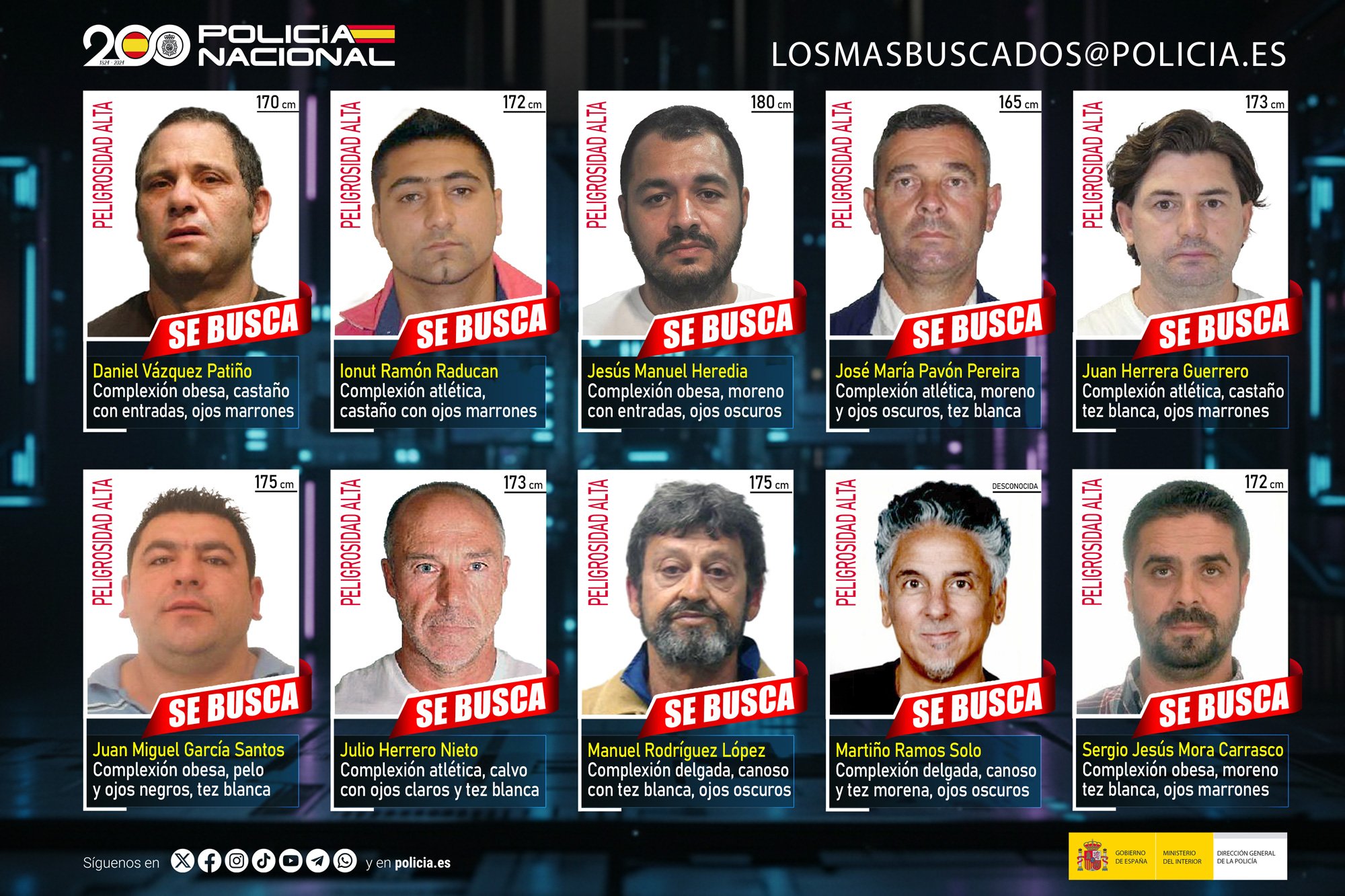 Cartel de los diez fugitivos más buscados de España. 