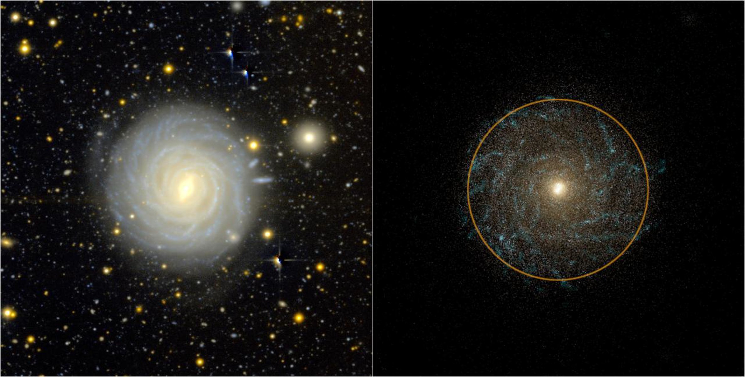 Comparación entre una galaxia observada (izquierda) y una galaxia simulada (derecha) que muestra similitudes en masa y tamaño.
