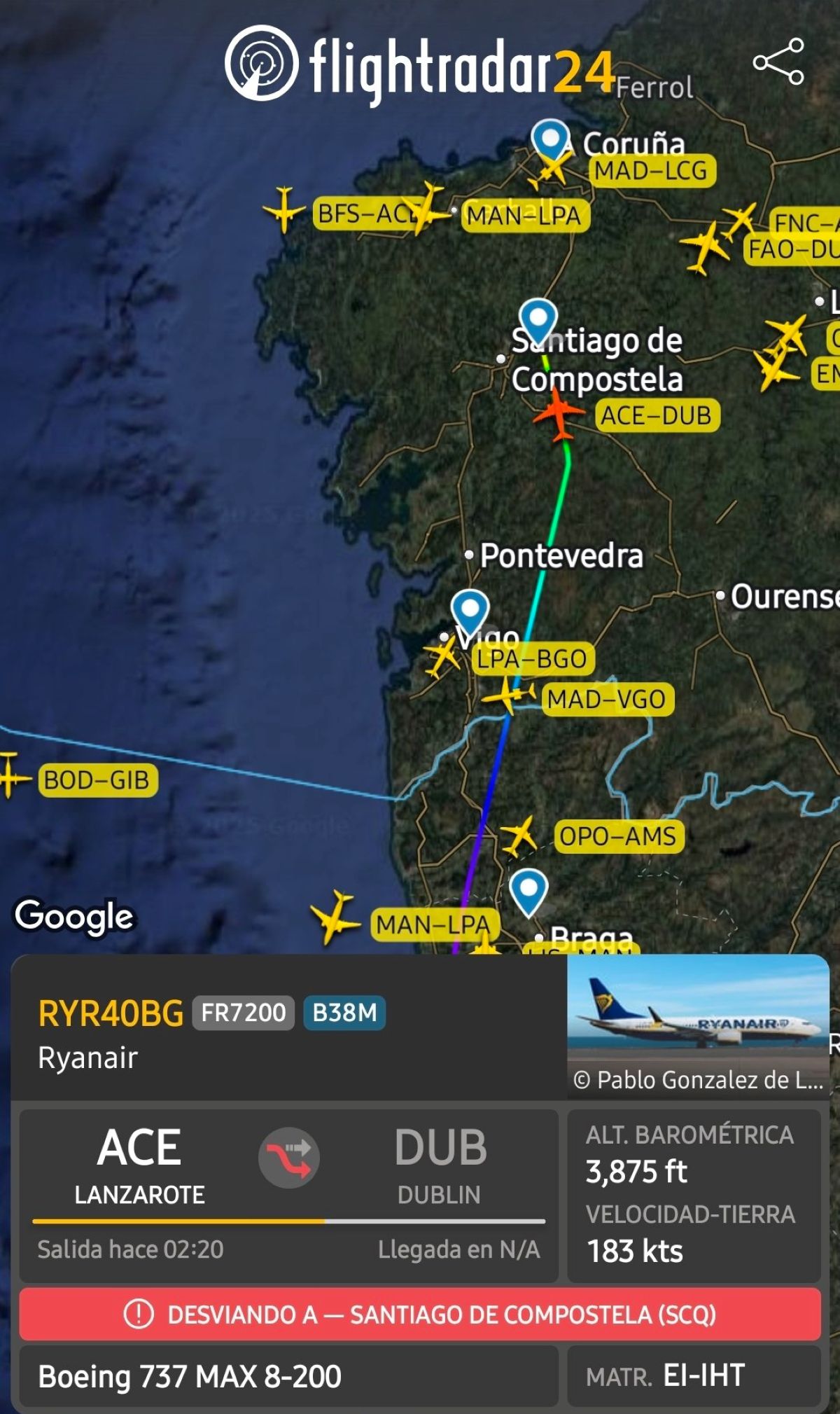 Desvío del vuelo de Lanzarote a Dublín a Santiago de Compostela @controladoresaereos