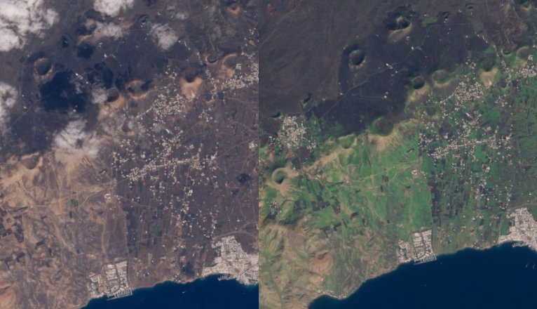 Evolución del paisaje de Lanzarote entre el pasado 2 de diciembre de 2025 y este 26 de enero de 2026. Foto: Copernicus. Montaje: La Voz.